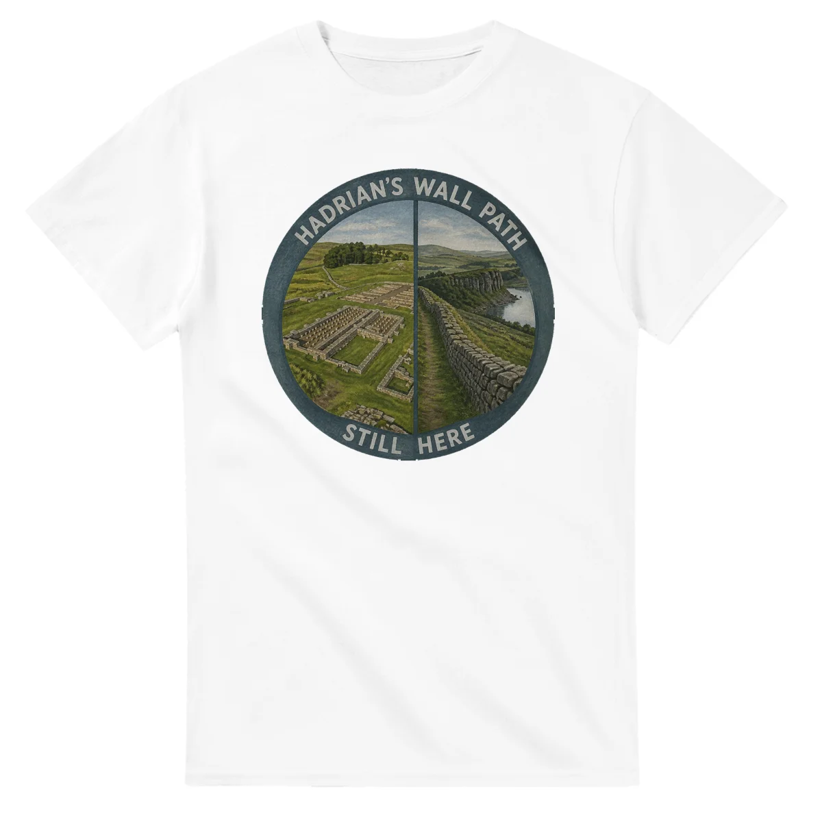 Painted, panelled scenic illustration for Hadrian's Wall Path, with paired local scenes and the place name in lettering.