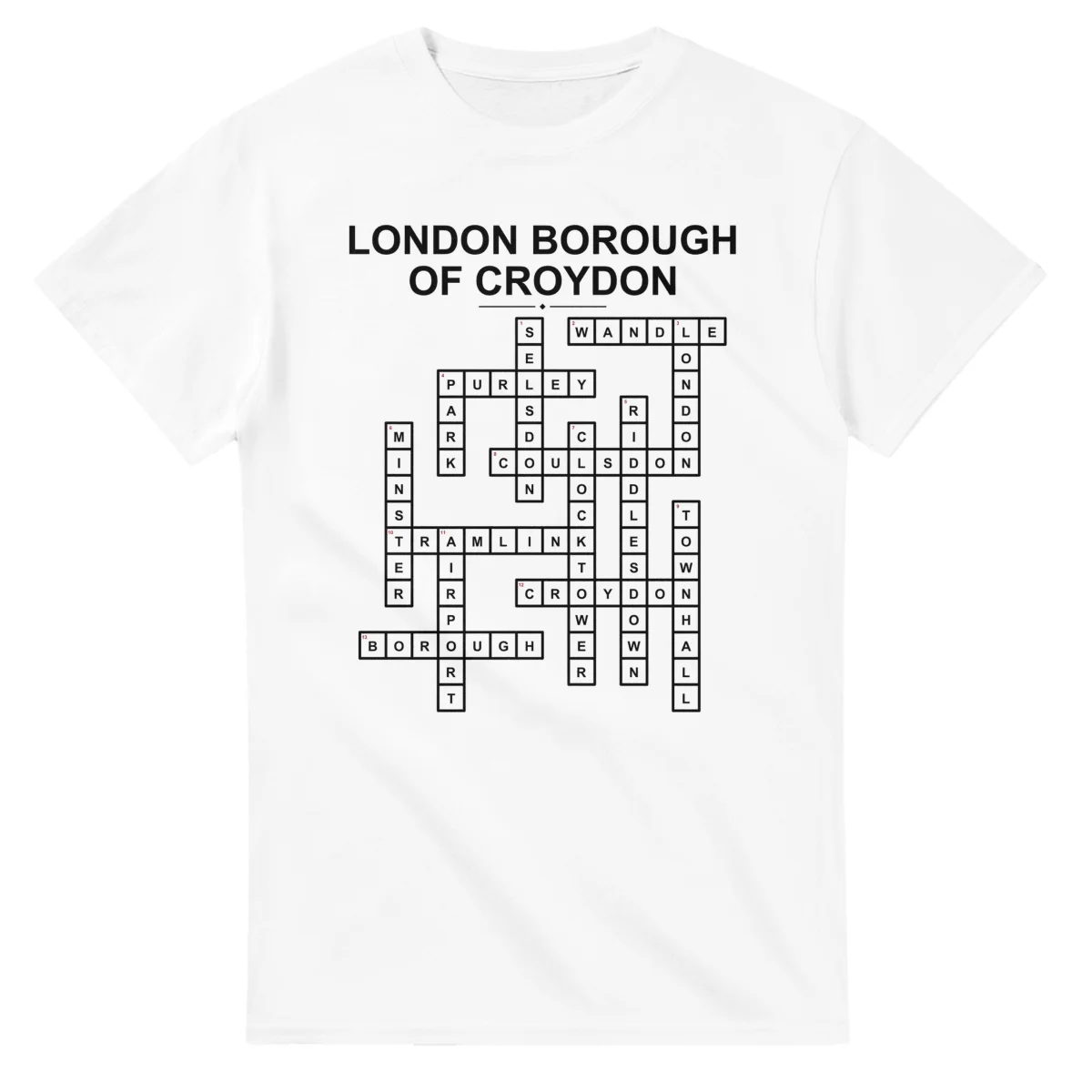 Monochrome crossword sheet for Croydon, with a large place-name heading, a letter grid, and numbered across and down clues.