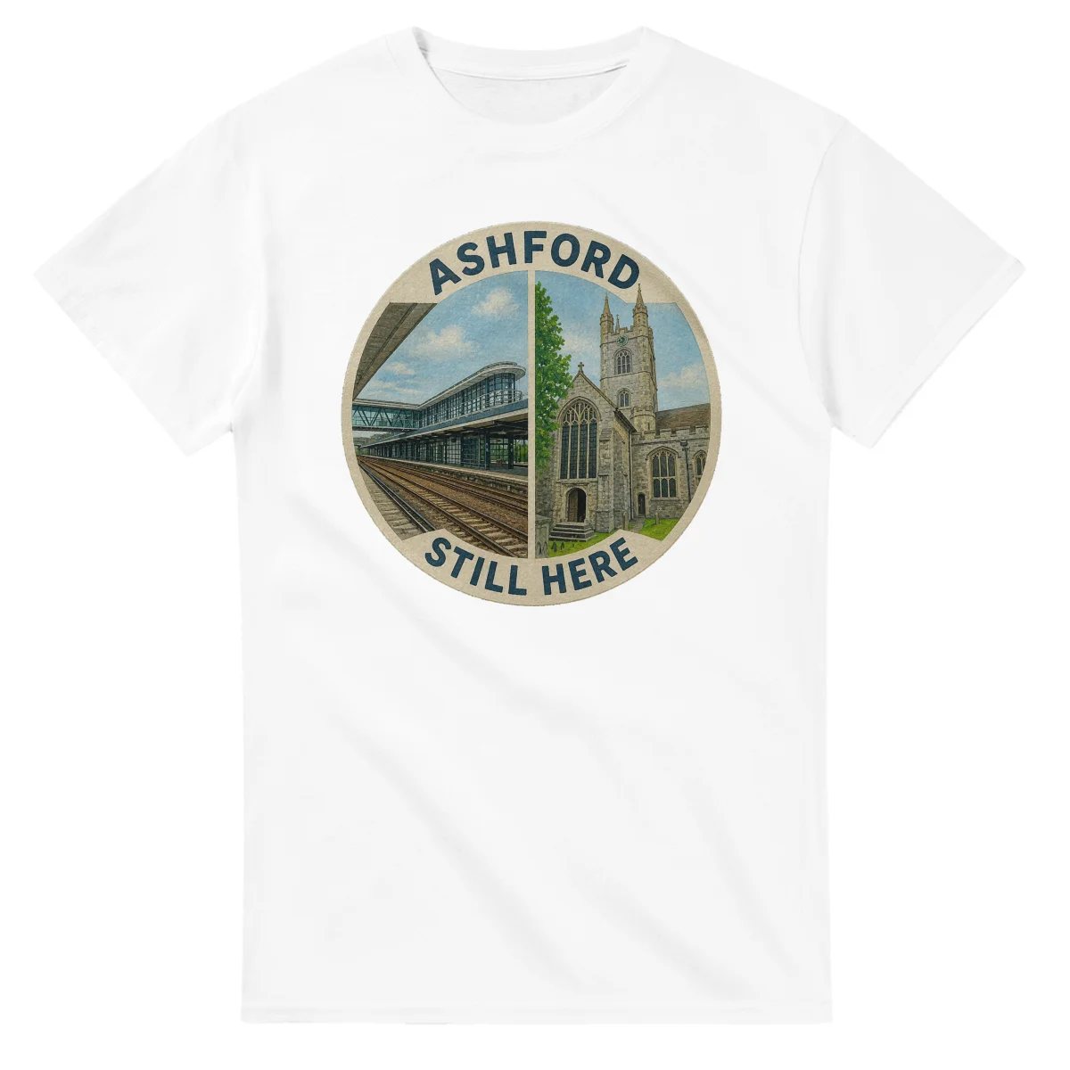 Painted, panelled scenic illustration for Ashford, with paired local scenes and the place name in lettering.