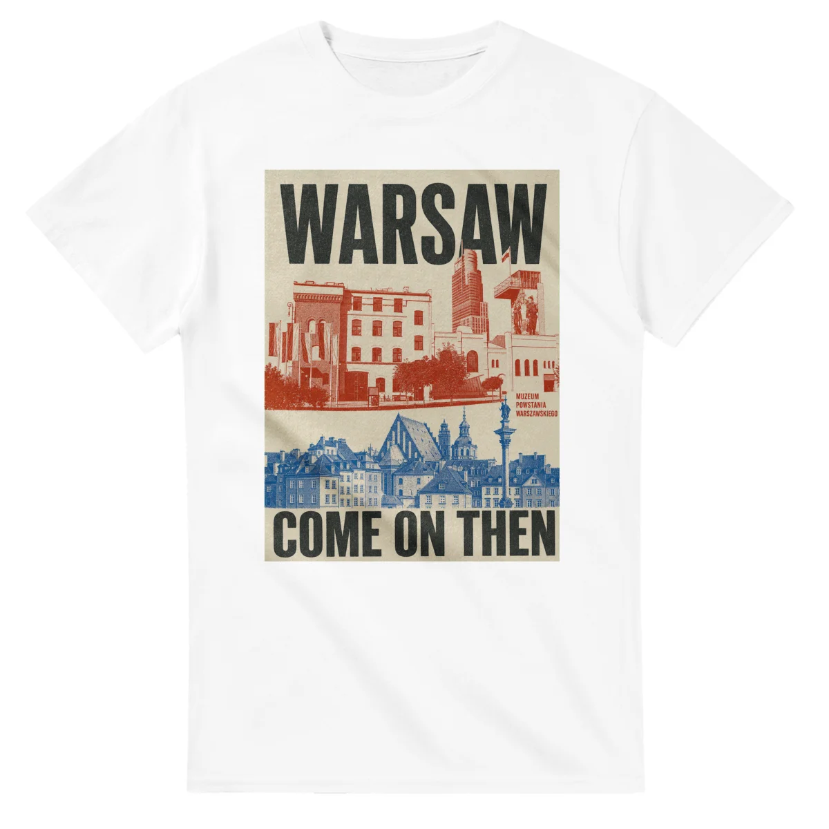 Two-colour scenic illustration for Warsaw, with the place name and COME ON THEN lettering.
