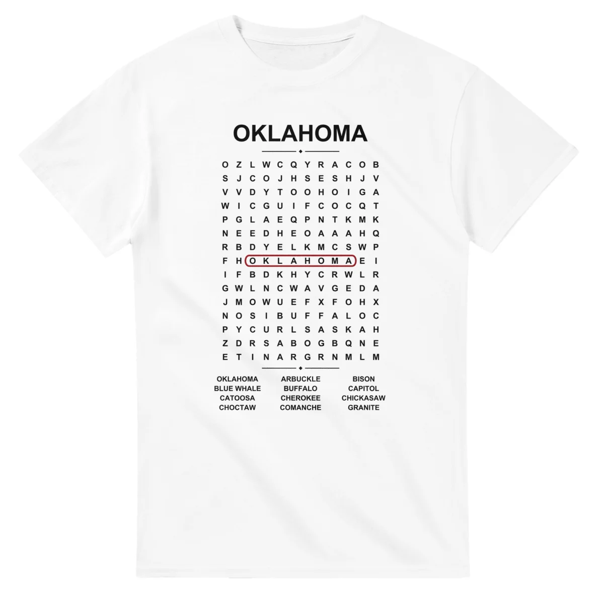 Word-search sheet for Oklahoma, with a large place-name heading, a letter grid, a local answer list, and a red highlighted example word.