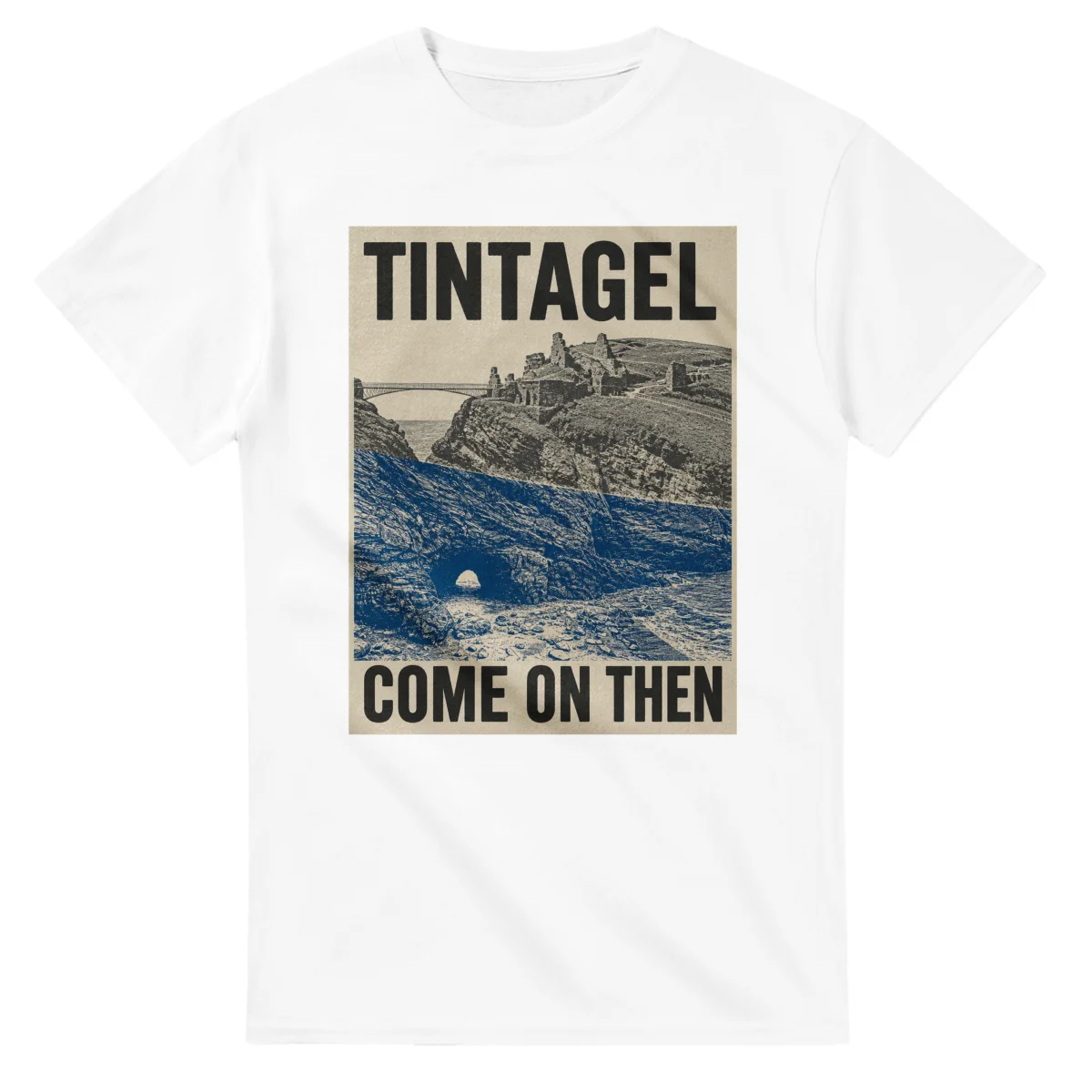 Two-colour scenic illustration for Tintagel, with the place name and COME ON THEN lettering.