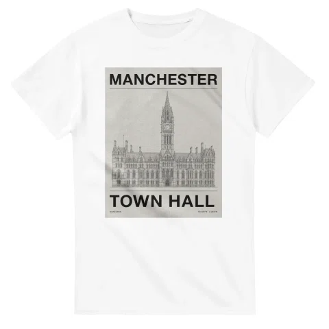 Fine-line engraving-style drawing for Manchester, with a landmark caption and small coordinate text.