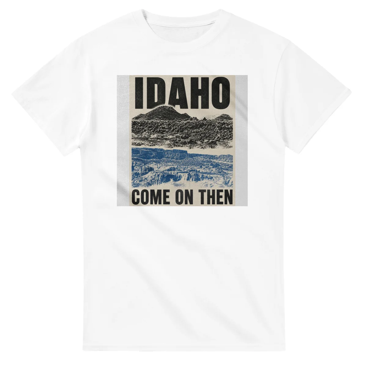 Two-colour scenic illustration for Idaho, with the place name and COME ON THEN lettering.