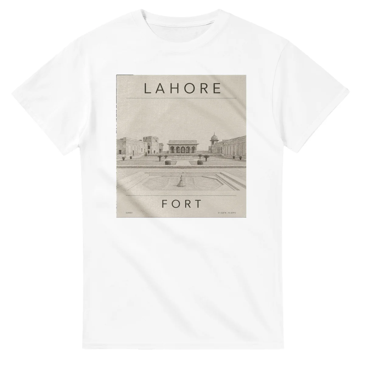 Fine-line engraving-style drawing for Lahore, with a landmark caption and small coordinate text.