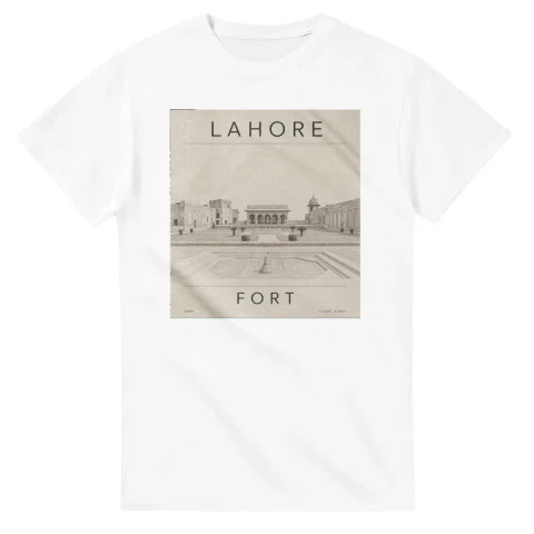 Fine-line engraving-style drawing for Lahore, with a landmark caption and small coordinate text.