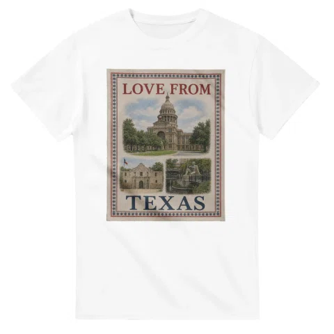 Framed scenic design for Texas, with several local views, a decorative border and LOVE FROM lettering.