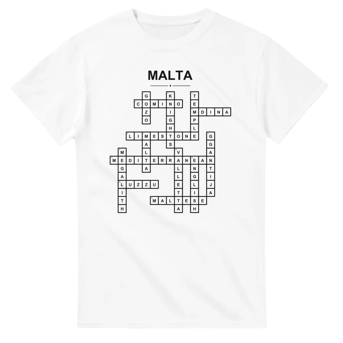Monochrome crossword sheet for Malta, with a large place-name heading, a letter grid, and numbered across and down clues.