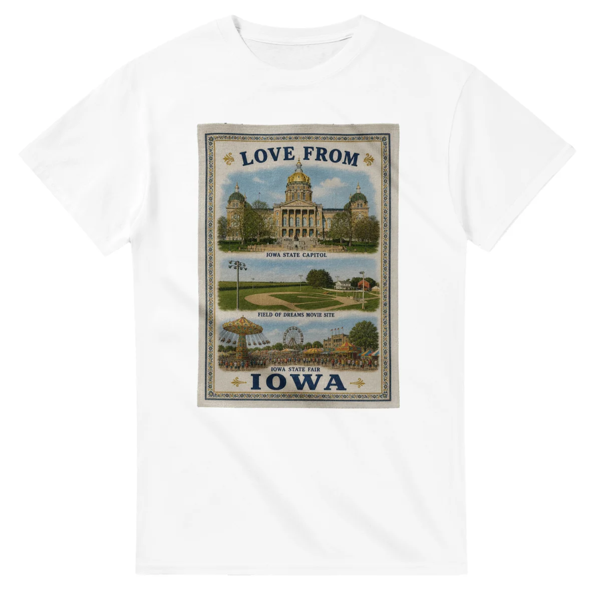 Framed scenic design for Iowa, with several local views, a decorative border and LOVE FROM lettering.
