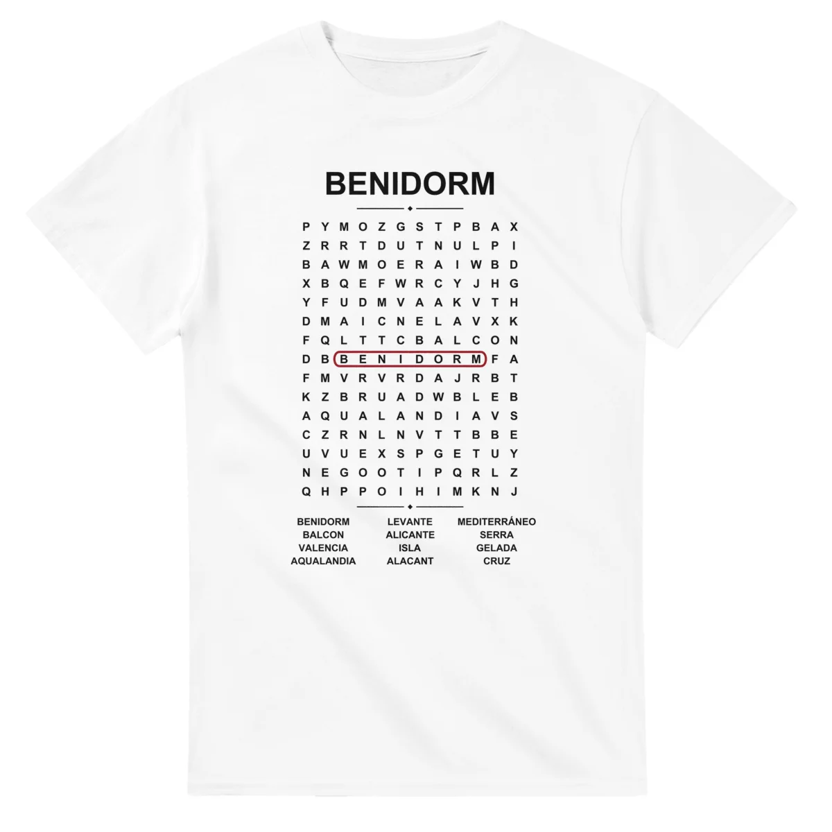 Word-search sheet for Benidorm, with a large place-name heading, a letter grid, a local answer list, and a red highlighted example word.