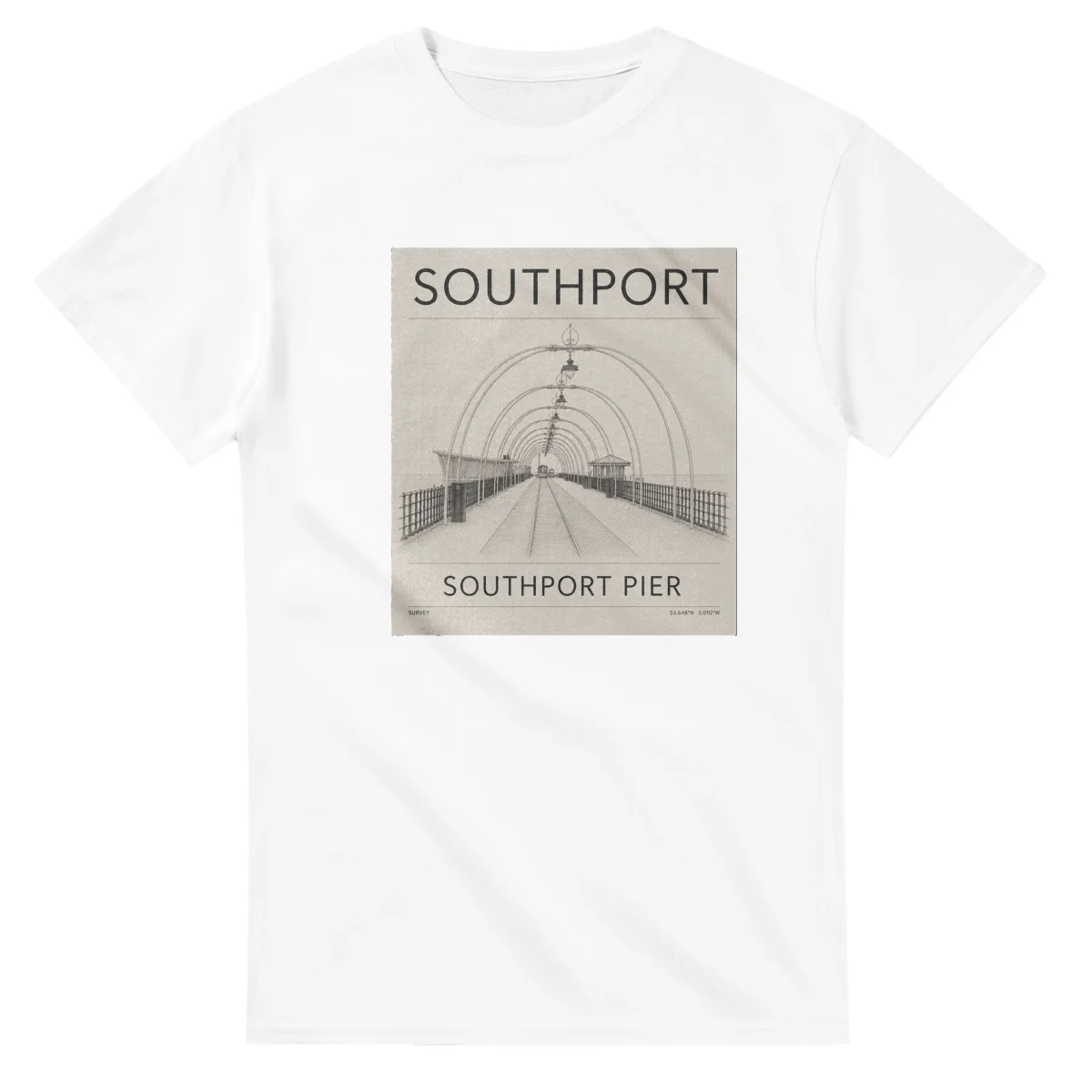 Fine-line engraving-style drawing for Southport, with a landmark caption and small coordinate text.