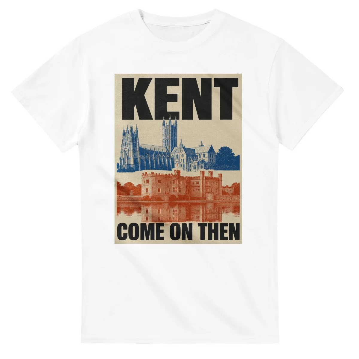 Two-colour scenic illustration for Kent, with the place name and COME ON THEN lettering.