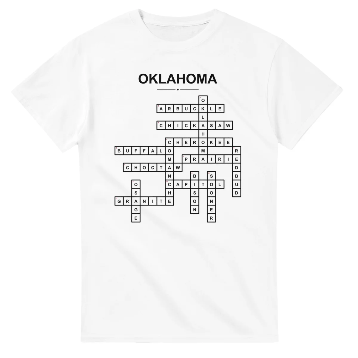 Monochrome crossword sheet for Oklahoma, with a large place-name heading, a letter grid, and numbered across and down clues.