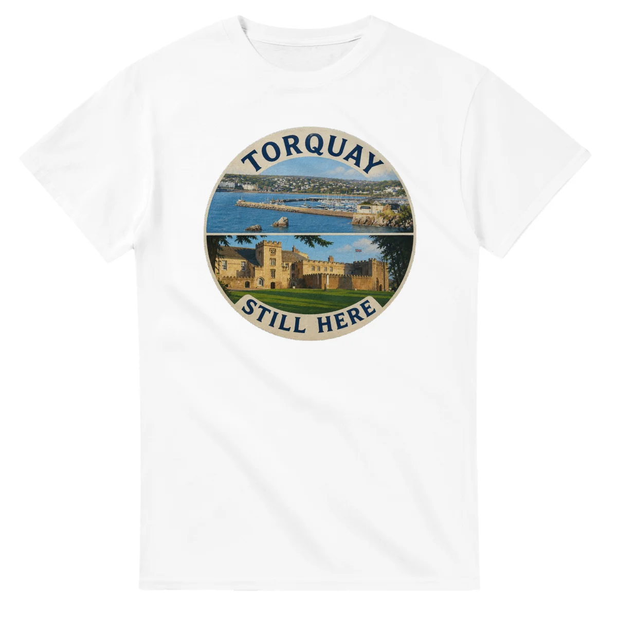 Painted, panelled scenic illustration for Torquay, with paired local scenes and the place name in lettering.