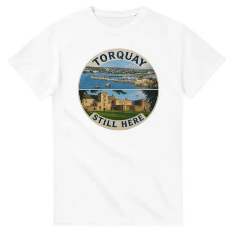Painted, panelled scenic illustration for Torquay, with paired local scenes and the place name in lettering.
