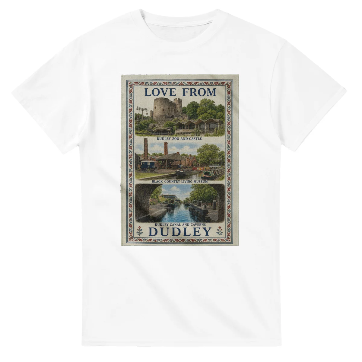 Framed scenic design for Dudley, with several local views, a decorative border and LOVE FROM lettering.