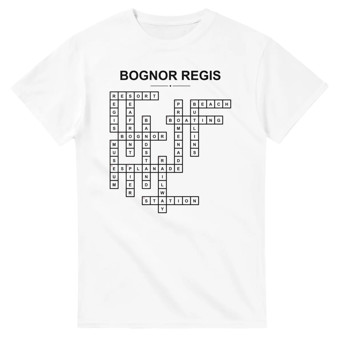 Monochrome crossword sheet for Bognor Regis, with a large place-name heading, a letter grid, and numbered across and down clues.