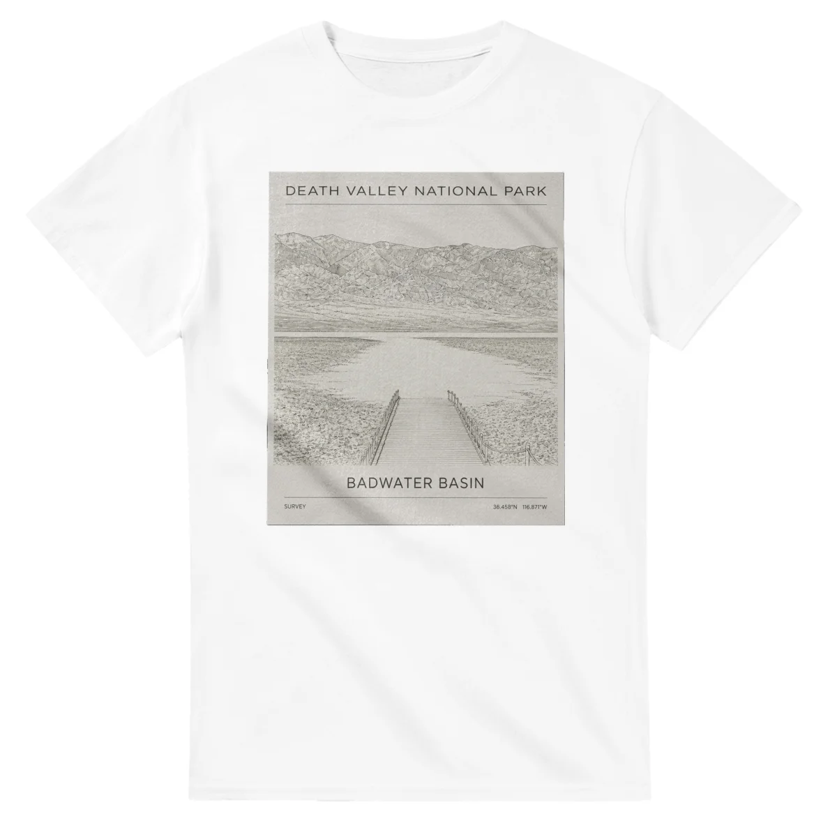 Fine-line engraving-style drawing for Death Valley National Park, with a landmark caption and small coordinate text.