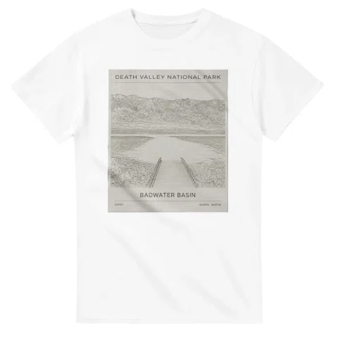 Fine-line engraving-style drawing for Death Valley National Park, with a landmark caption and small coordinate text.