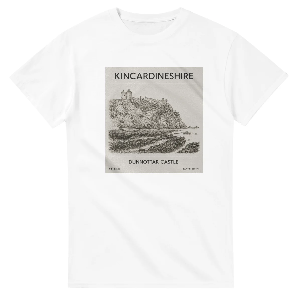Fine-line engraving-style drawing for Kincardineshire, with a landmark caption and small coordinate text.