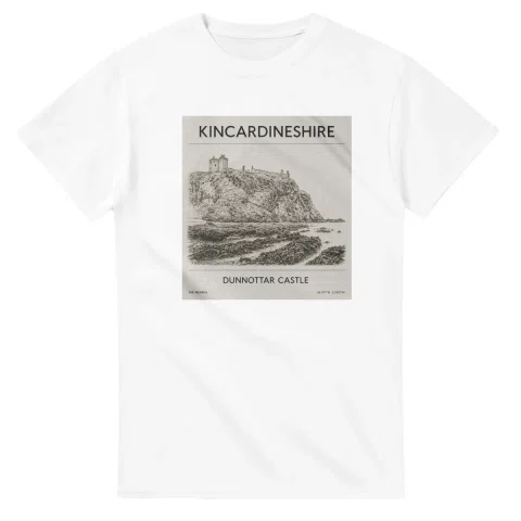 Fine-line engraving-style drawing for Kincardineshire, with a landmark caption and small coordinate text.