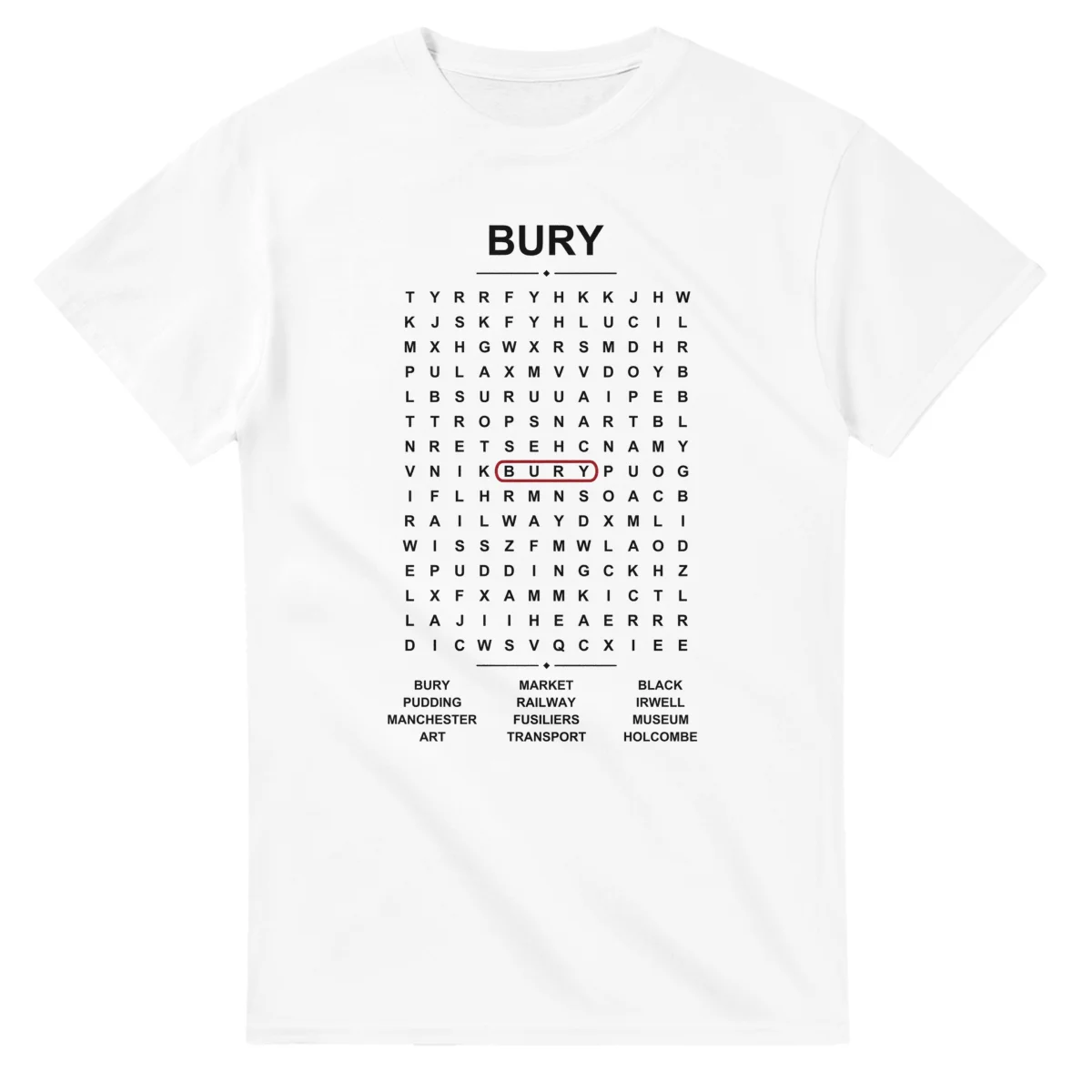 Word-search sheet for Bury, with a large place-name heading, a letter grid, a local answer list, and a red highlighted example word.