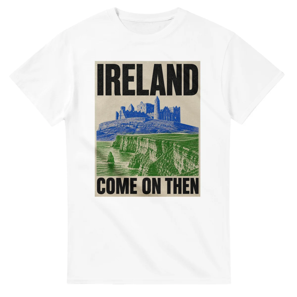 Two-colour scenic illustration for Ireland, with the place name and COME ON THEN lettering.