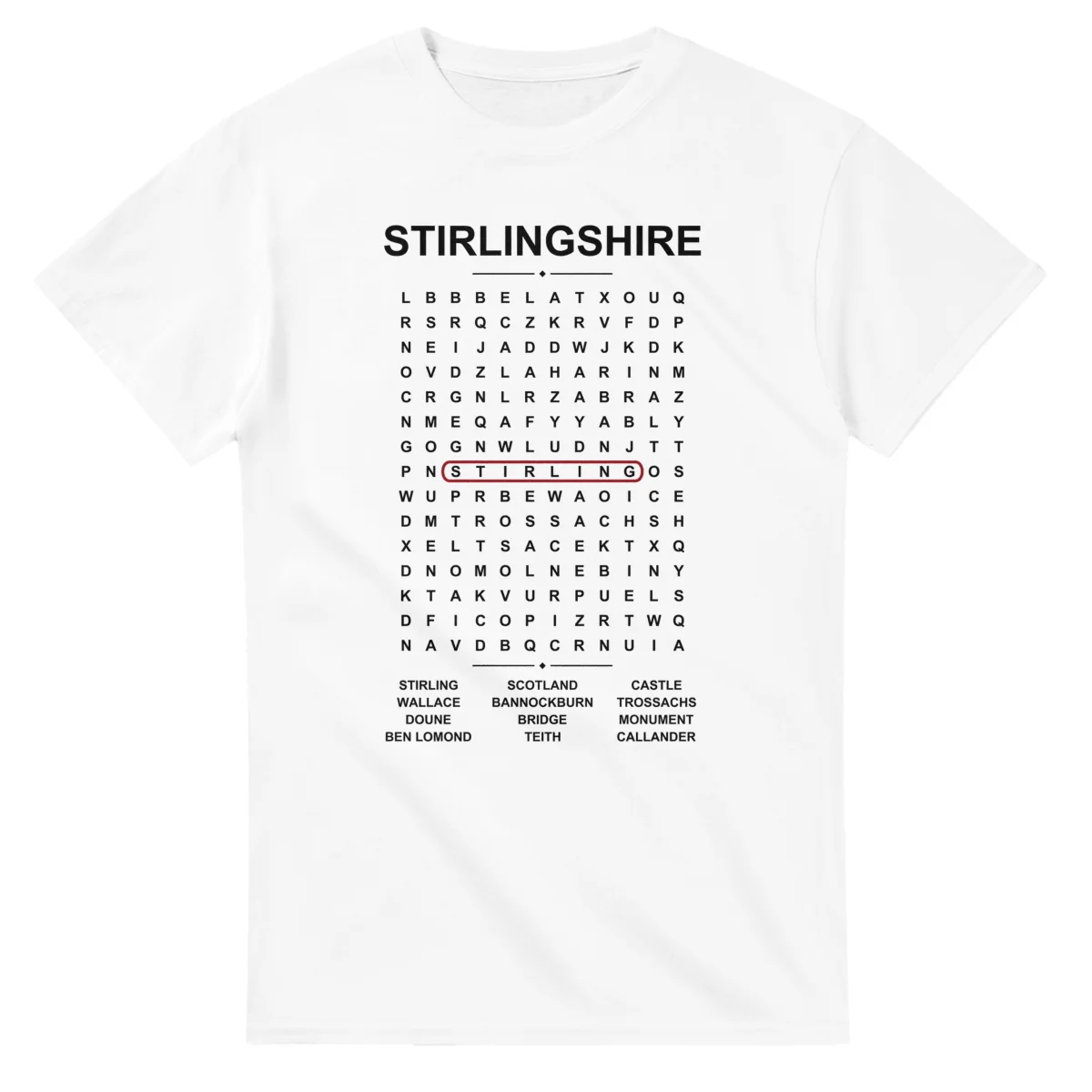 Word-search sheet for Stirlingshire, with a large place-name heading, a letter grid, a local answer list, and a red highlighted example word.