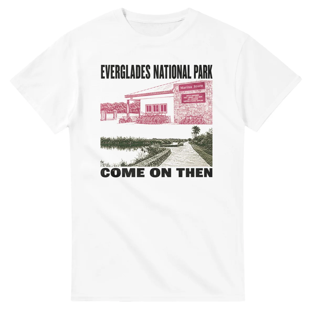 Two-colour scenic illustration for Everglades National Park, with the place name and COME ON THEN lettering.