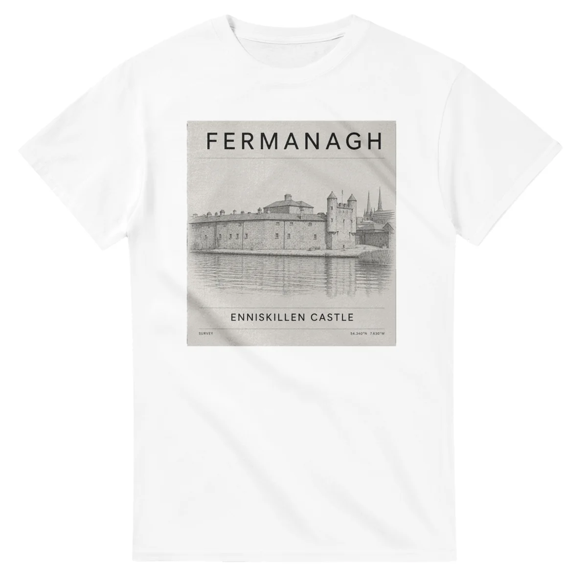 Fine-line engraving-style drawing for Fermanagh, with a landmark caption and small coordinate text.