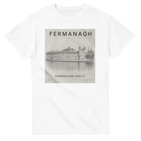 Fine-line engraving-style drawing for Fermanagh, with a landmark caption and small coordinate text.