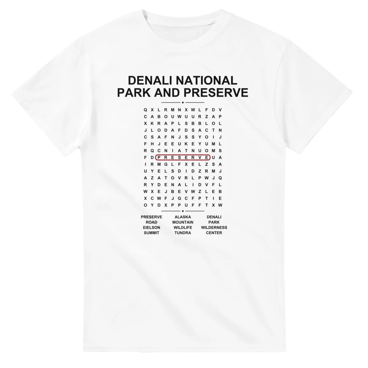 Word-search sheet for Denali National Park and Preserve, with a large place-name heading, a letter grid, a local answer list, and a red highlighted example word.