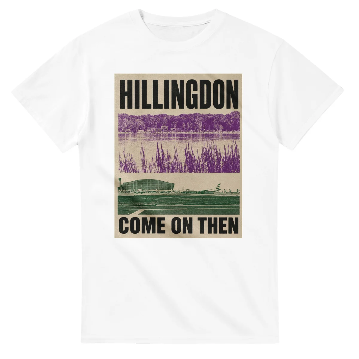Two-colour scenic illustration for London Borough of Hillingdon, with the place name and COME ON THEN lettering.
