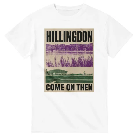 Two-colour scenic illustration for London Borough of Hillingdon, with the place name and COME ON THEN lettering.