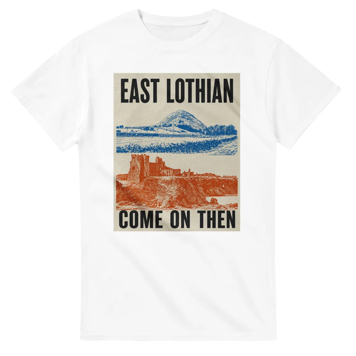 Two-colour scenic illustration for East Lothian, with the place name and COME ON THEN lettering.