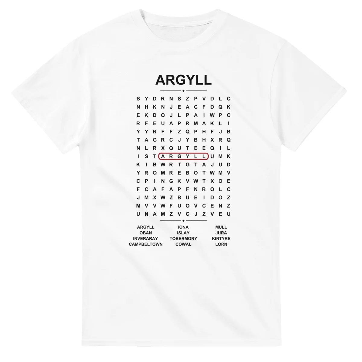 Word-search sheet for Argyll, with a large place-name heading, a letter grid, a local answer list, and a red highlighted example word.