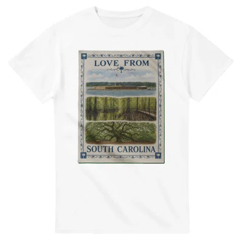 Framed scenic design for South Carolina, with several local views, a decorative border and LOVE FROM lettering.