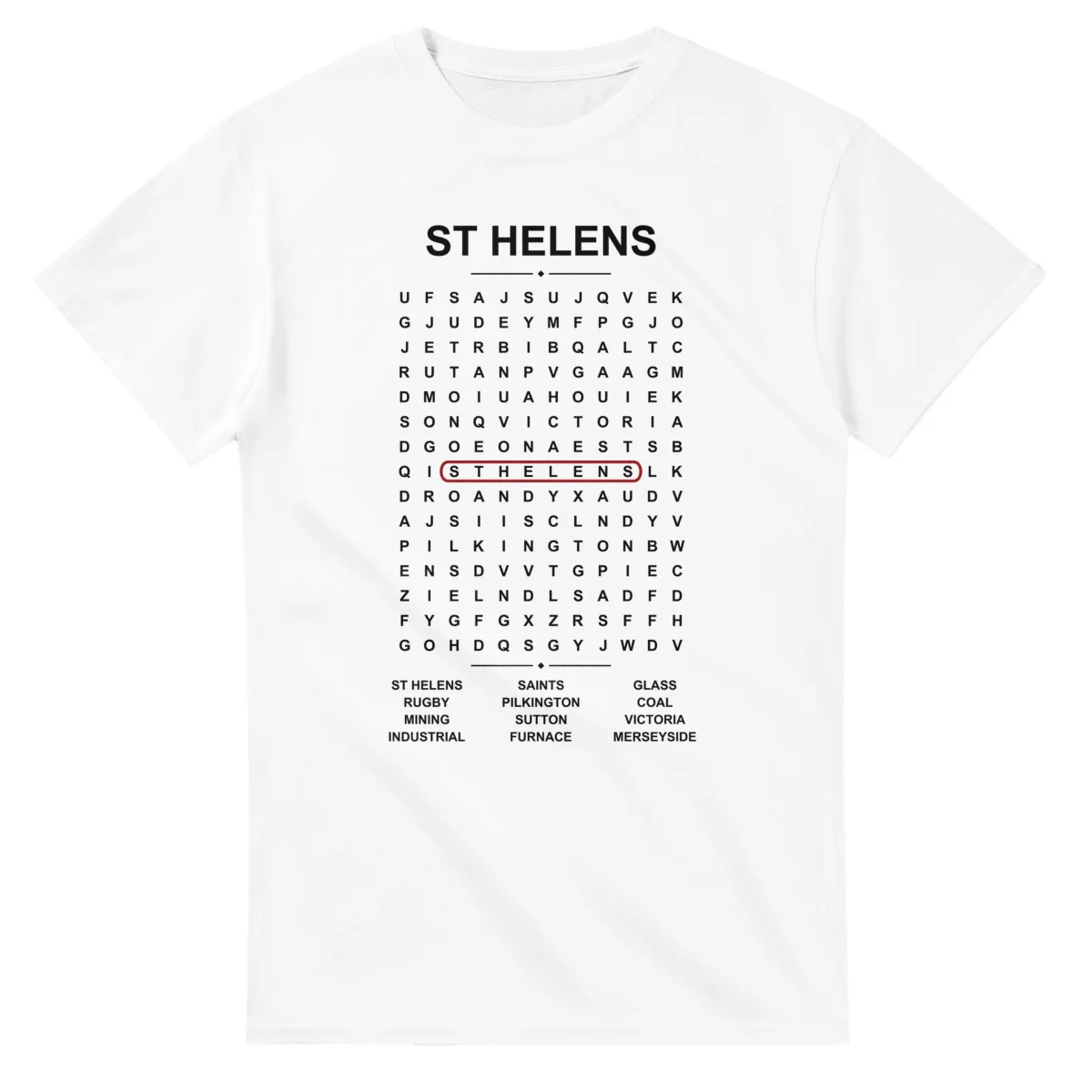 Word-search sheet for St Helens, with a large place-name heading, a letter grid, a local answer list, and a red highlighted example word.
