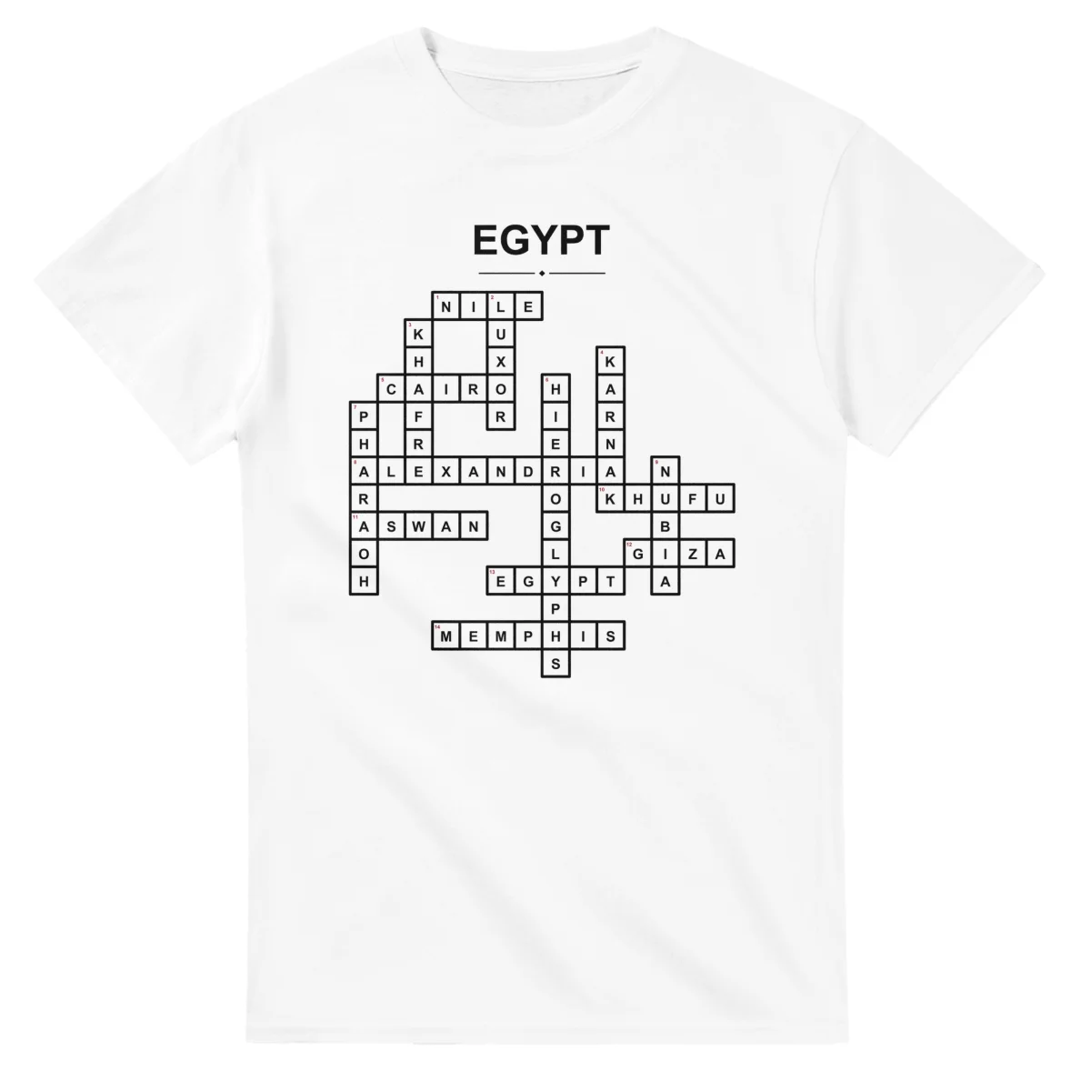 Monochrome crossword sheet for Egypt, with a large place-name heading, a letter grid, and numbered across and down clues.