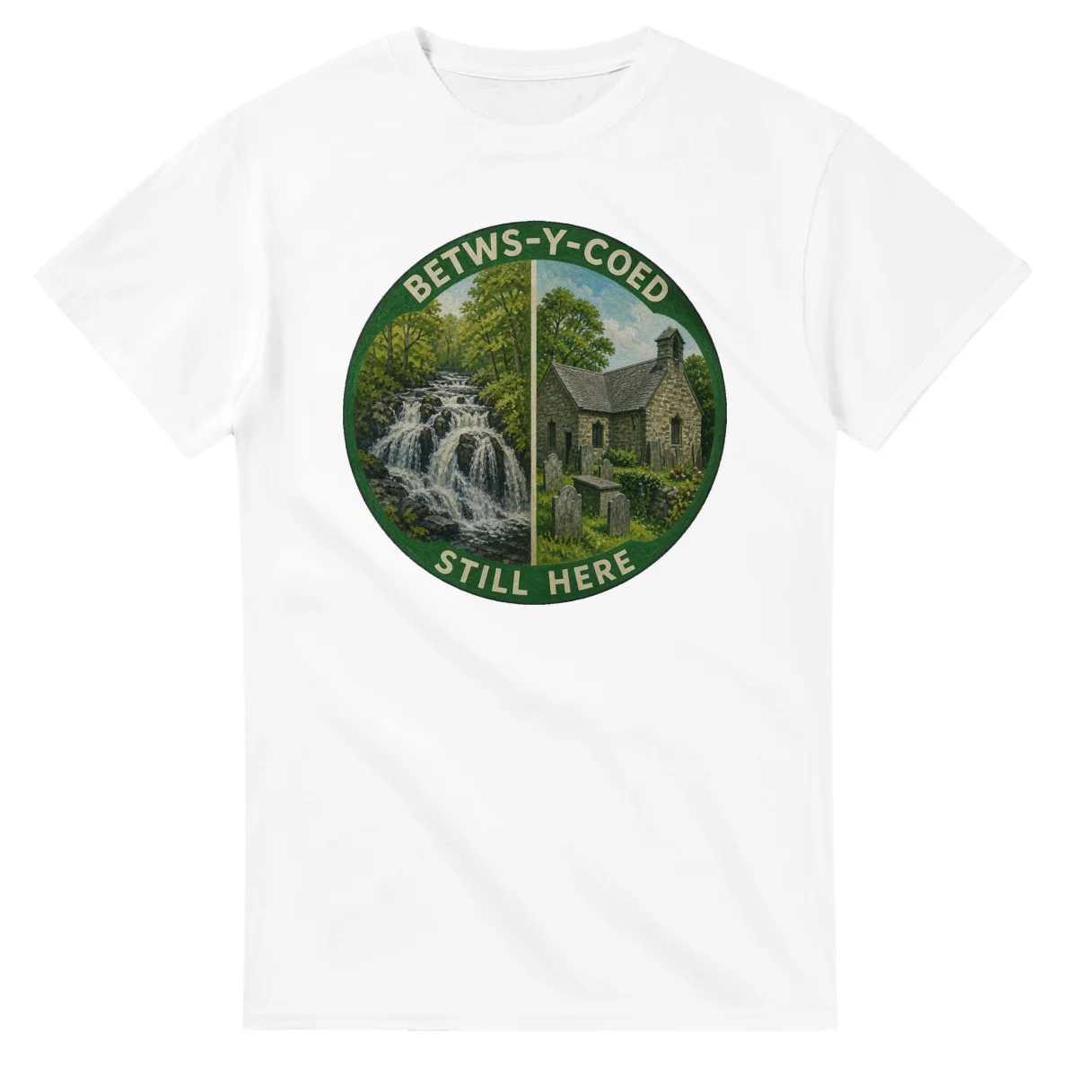 Painted, panelled scenic illustration for Betws-y-Coed, with paired local scenes and the place name in lettering.