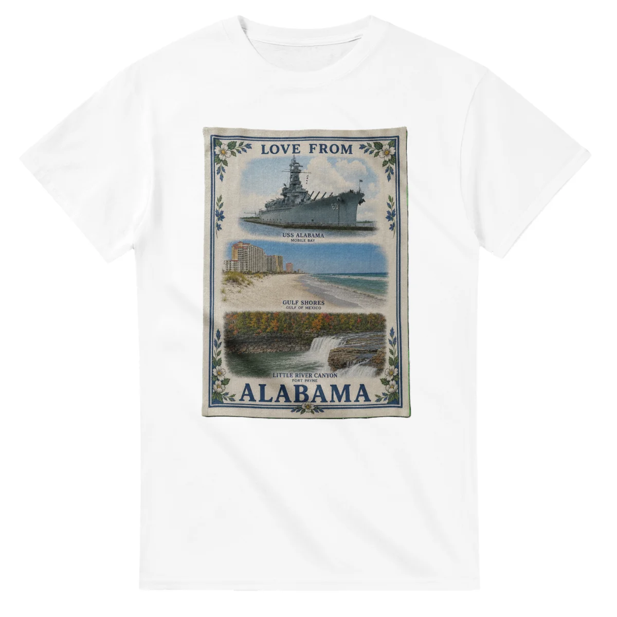 Framed scenic design for Alabama, with several local views, a decorative border and LOVE FROM lettering.