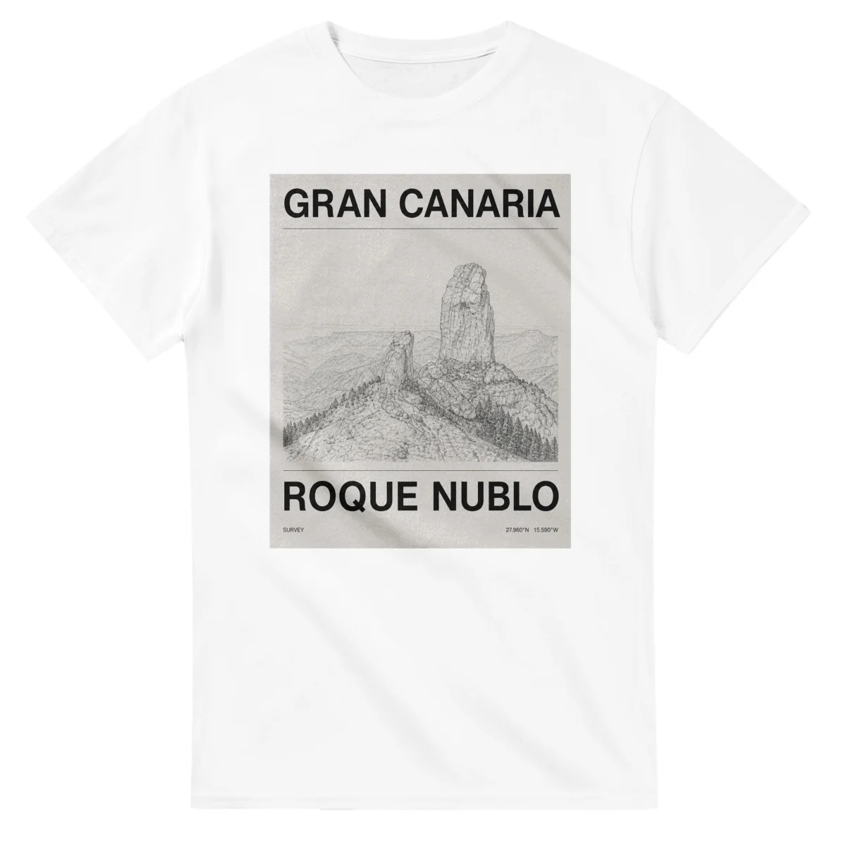 Fine-line engraving-style drawing for Gran Canaria, with a landmark caption and small coordinate text.
