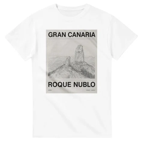 Fine-line engraving-style drawing for Gran Canaria, with a landmark caption and small coordinate text.