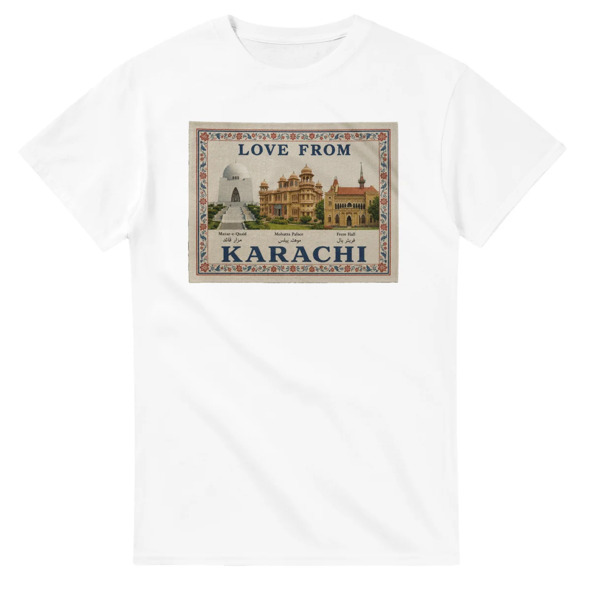 Framed scenic design for Karachi, with several local views, a decorative border and LOVE FROM lettering.