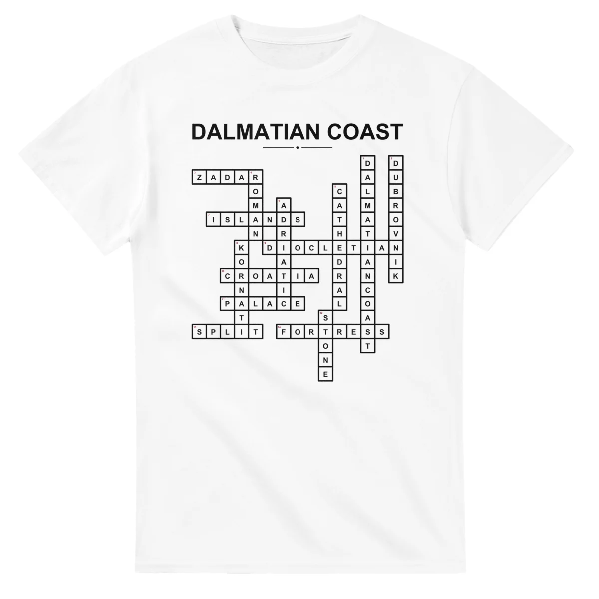 Monochrome crossword sheet for Dalmatian Coast, with a large place-name heading, a letter grid, and numbered across and down clues.