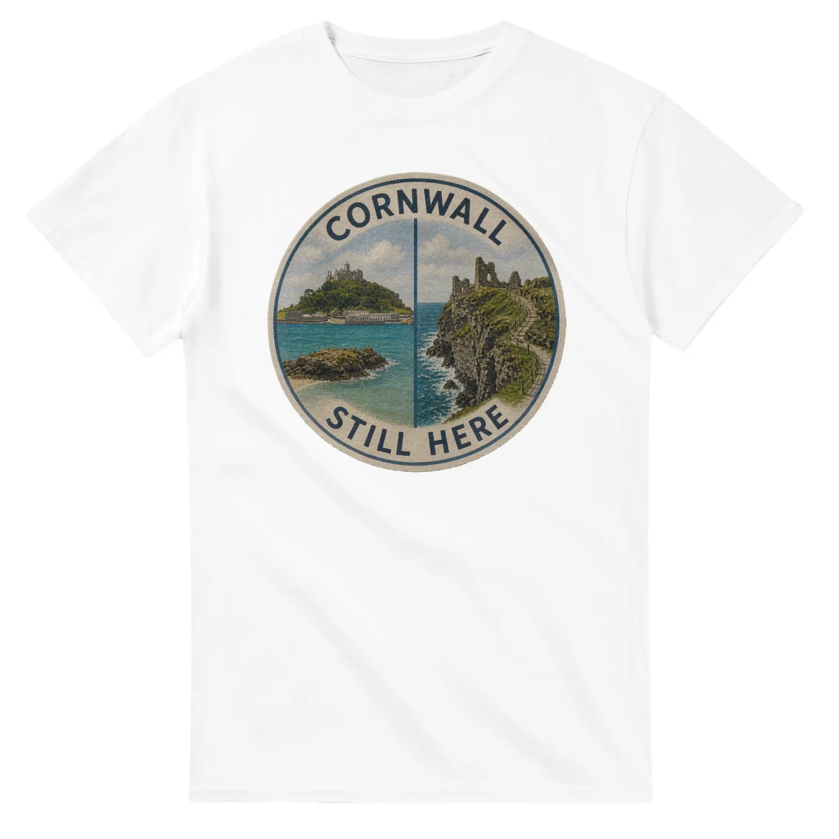 Painted, panelled scenic illustration for Cornwall, with paired local scenes and the place name in lettering.