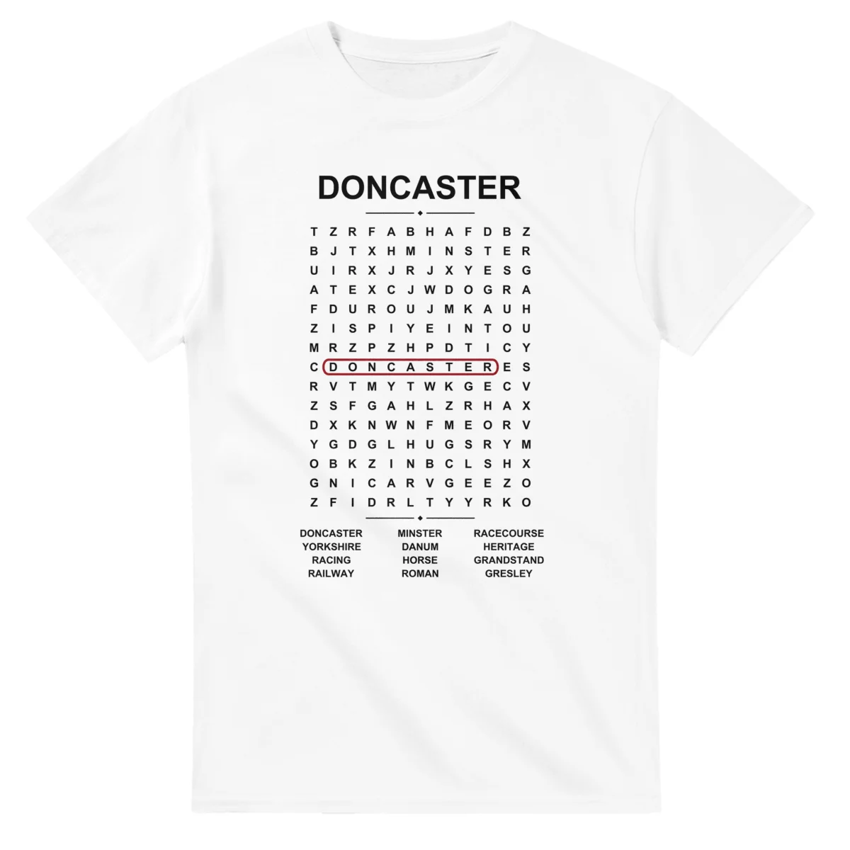 Word-search sheet for Doncaster, with a large place-name heading, a letter grid, a local answer list, and a red highlighted example word.