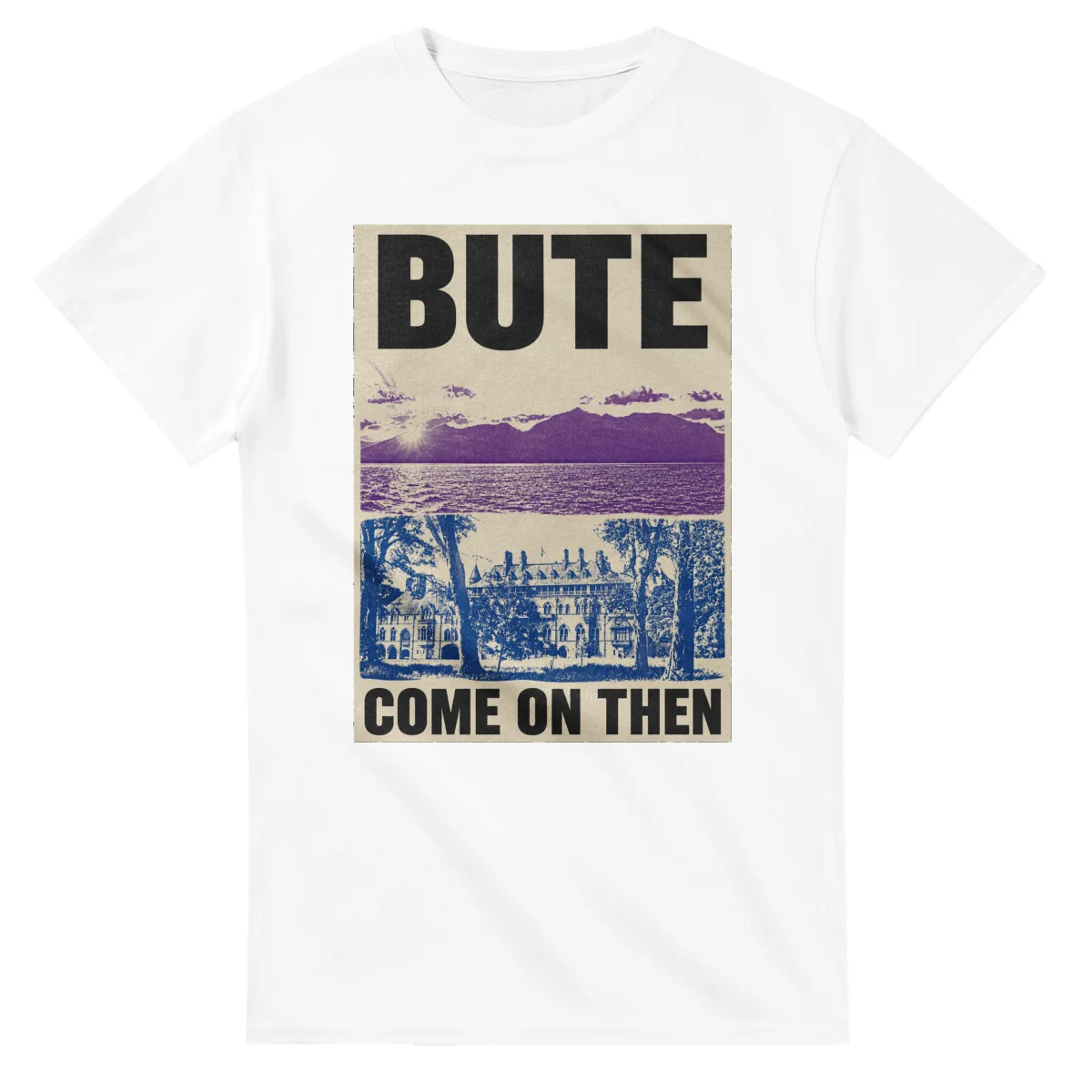 Two-colour scenic illustration for Bute, with the place name and COME ON THEN lettering.