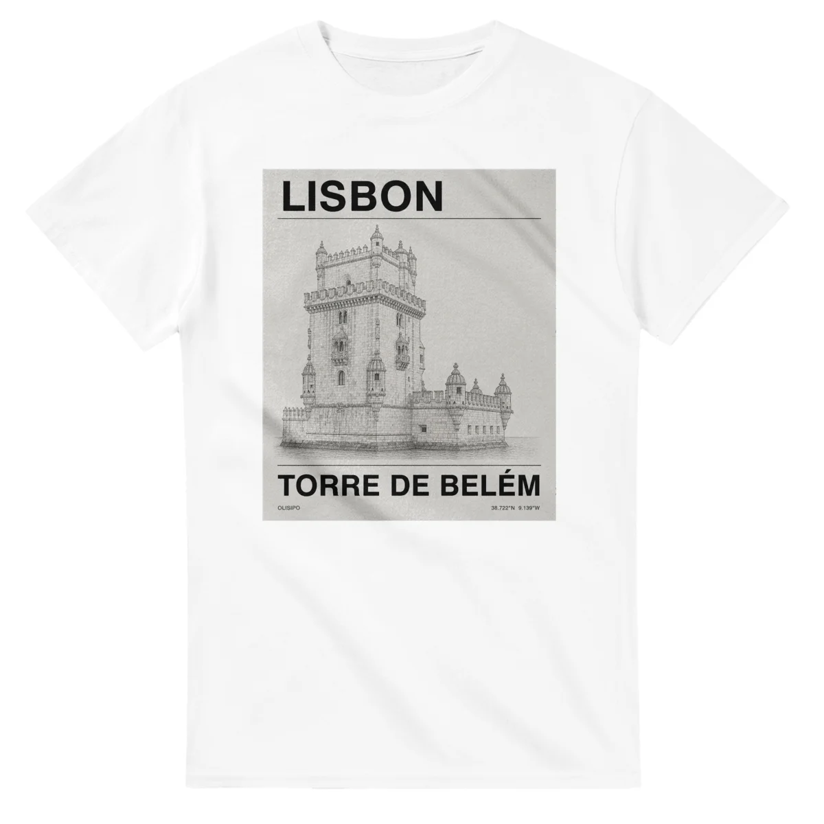 Fine-line engraving-style drawing for Lisbon, with a landmark caption and small coordinate text.