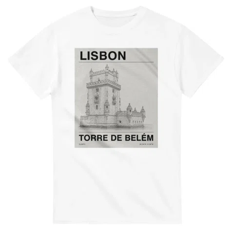 Fine-line engraving-style drawing for Lisbon, with a landmark caption and small coordinate text.